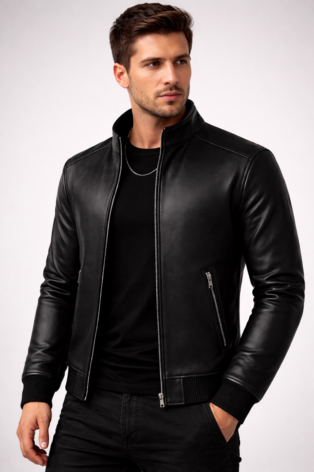 Erkek Siyah Deri Dik Yaka Fermuarlı Slim Fit Ceket – Modern & Şık Tasarım